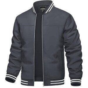 🆕Men's Grey Bomber Lightweight Casual Spring Fall Windbreaker Zip Up Jacket
